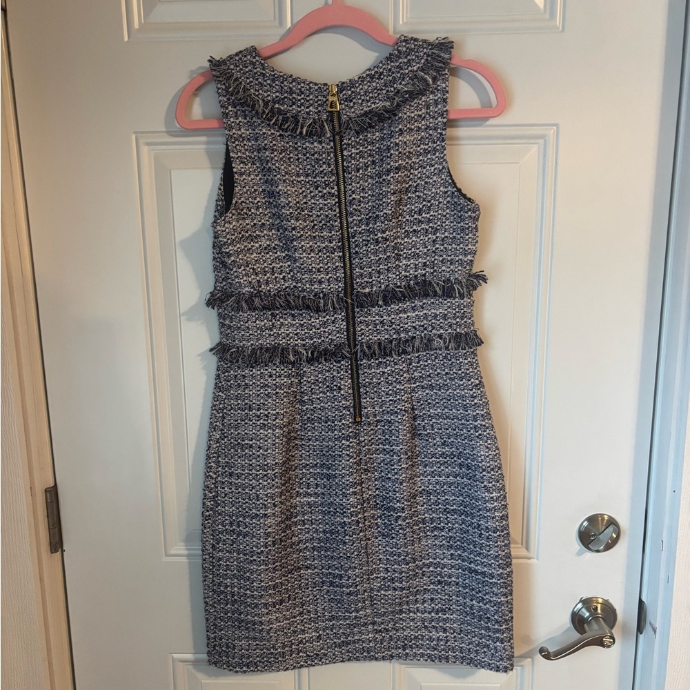 Wedding Guest Ready Sail to Sable Navy & White Tweed Fringe Shift Dress - Picture 5 of 11